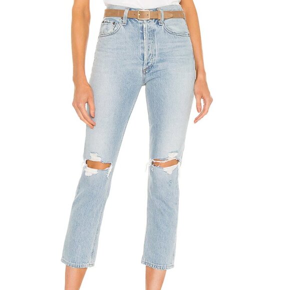 Agolde Riley High Rise Straight Crop Light Blue Distressed Jeans Size 28 - Picture 15 of 15